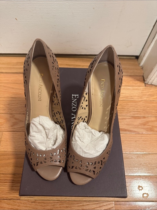Enzo Angiolini Shoes - Enzo Angiolini Taupe Laser-Cut Peep-Toe Pumps